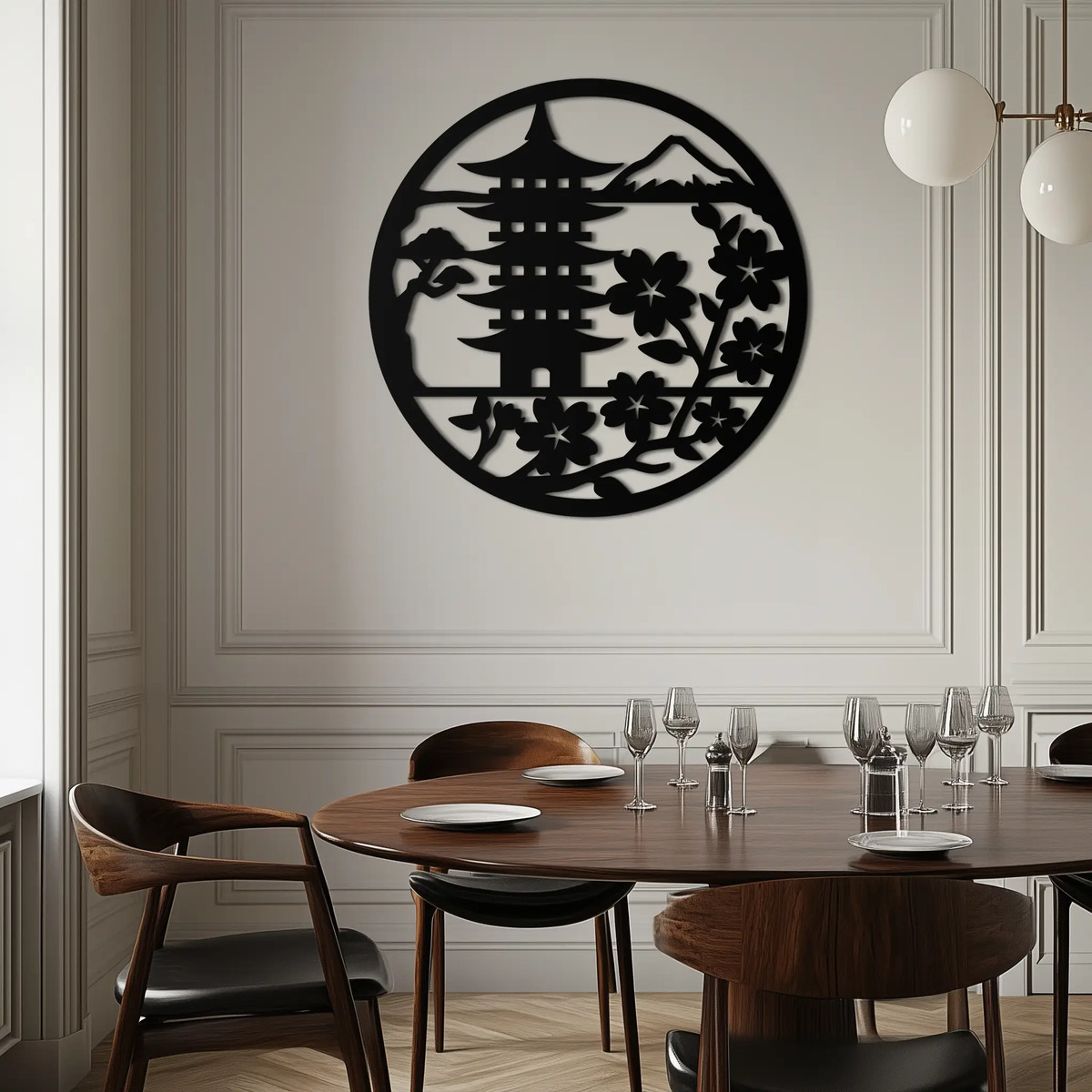 Japanese Pagoda and Sakura Flowers Metal Wall Art – Zen Garden Decor- KAF570 by Enova Art