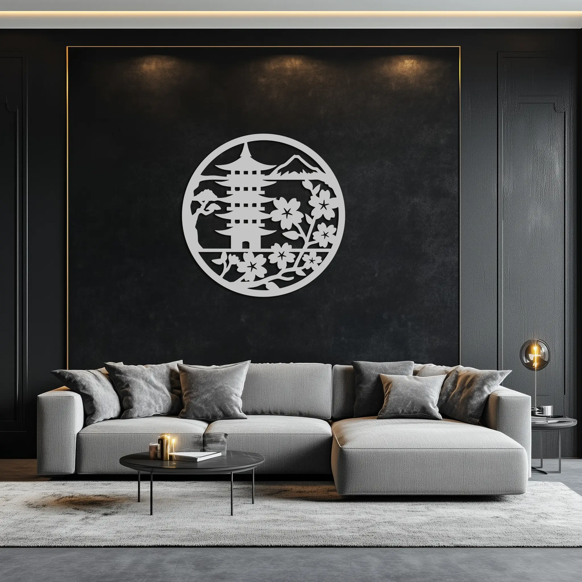 Japanese Pagoda and Sakura Flowers Metal Wall Art – Zen Garden Decor- KAF570 by Enova Art