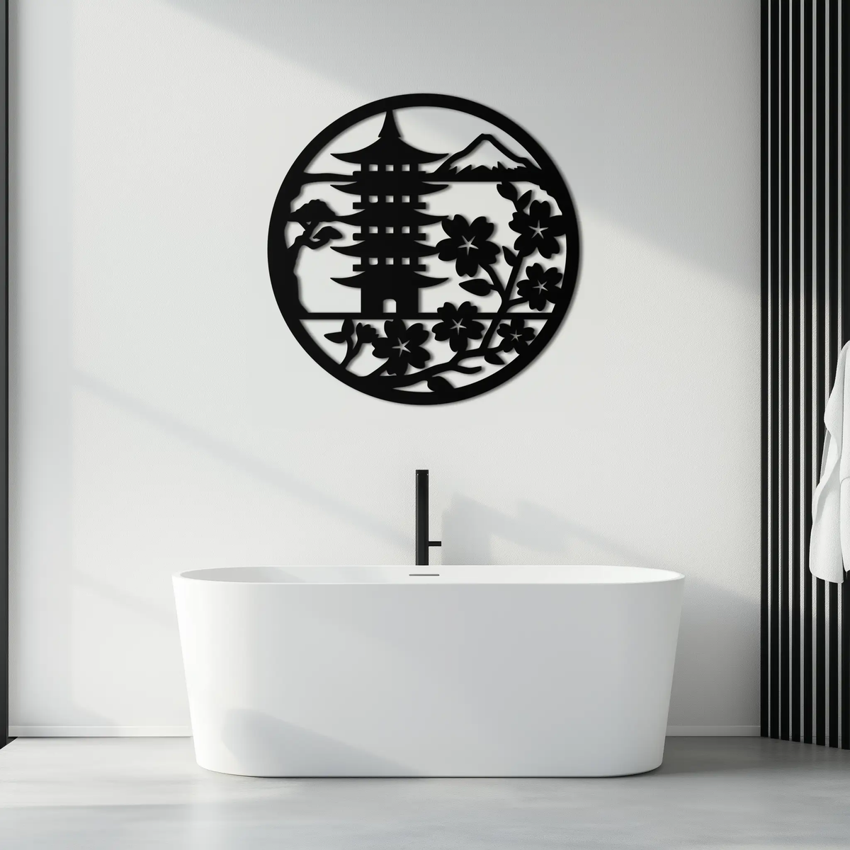 Japanese Pagoda and Sakura Flowers Metal Wall Art – Zen Garden Decor- KAF570 by Enova Art