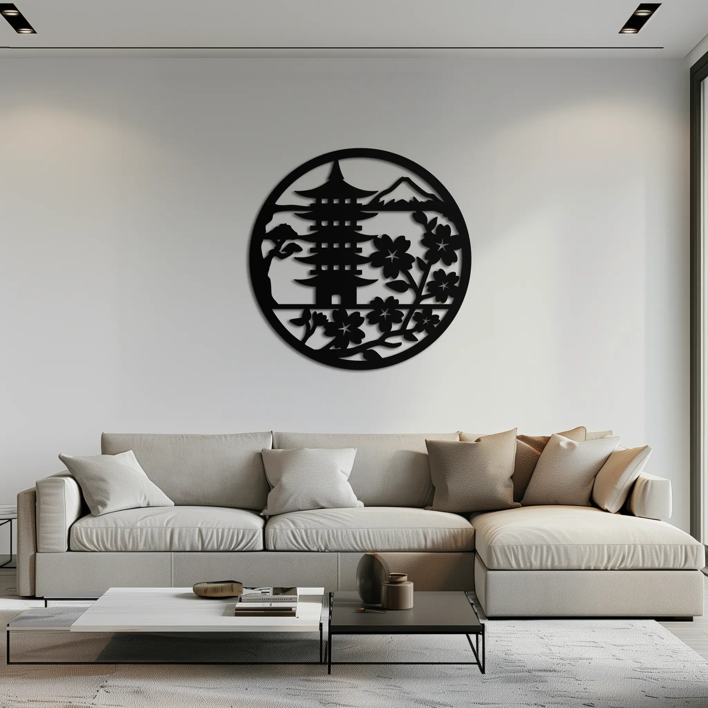 Japanese Pagoda and Sakura Flowers Metal Wall Art – Zen Garden Decor- KAF570 by Enova Art