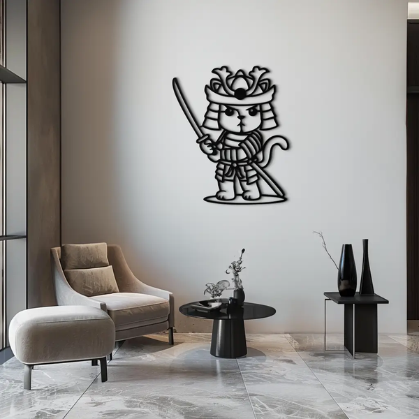 Samurai Cat Warrior Metal Wall Art – Cute Japanese Katana Decor- KAF576