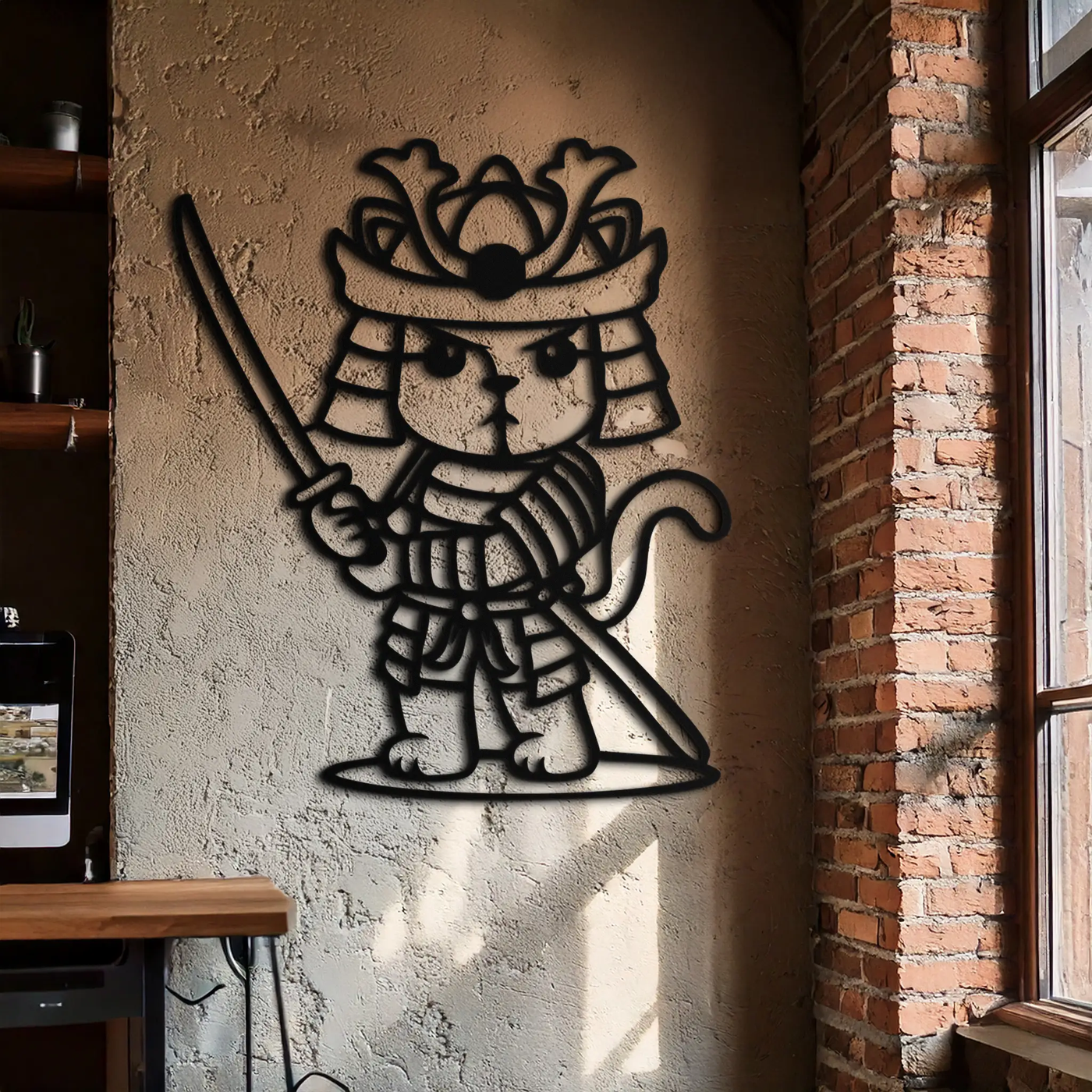 Samurai Cat Warrior Metal Wall Art – Cute Japanese Katana Decor- KAF576 by Enova Art