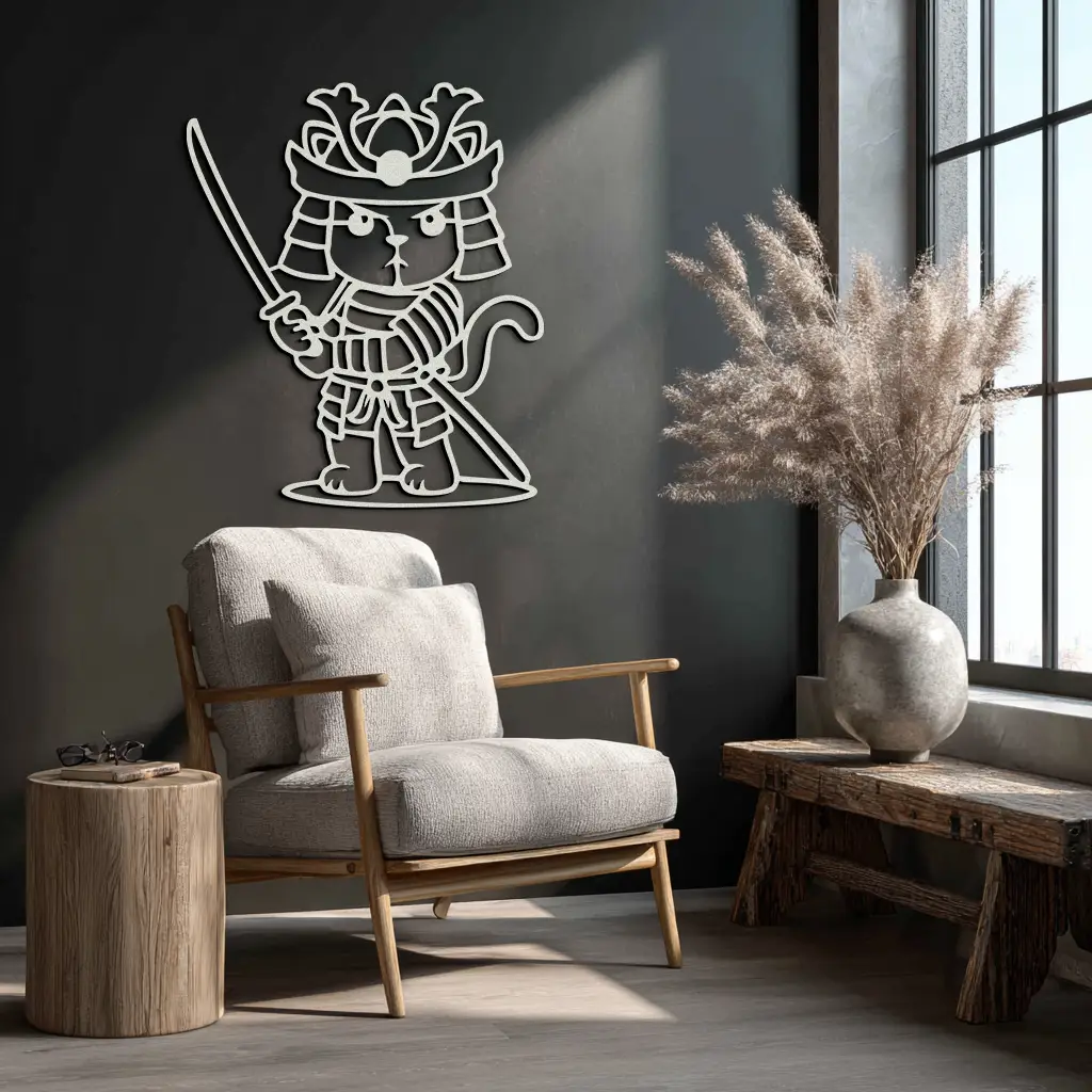 Samurai Cat Warrior Metal Wall Art – Cute Japanese Katana Decor- KAF576 by Enova Art