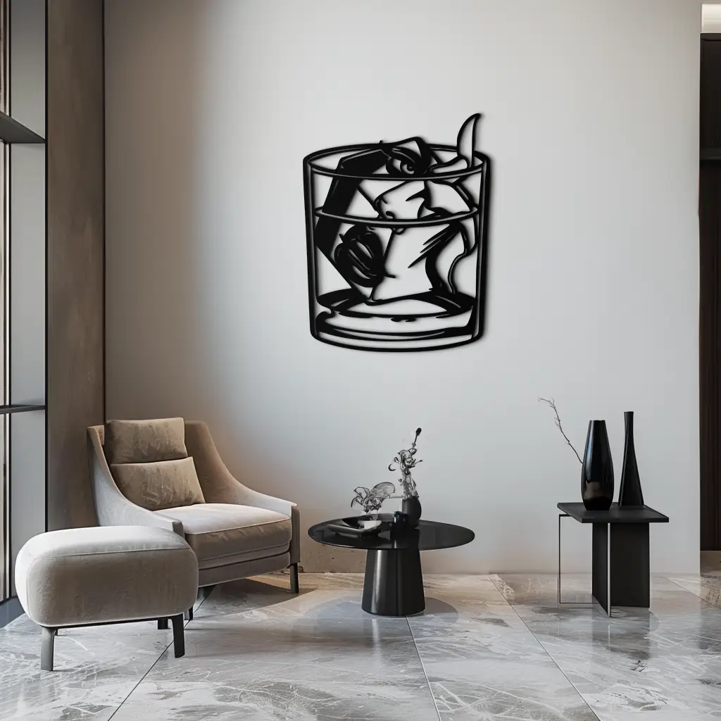 Woman in Whiskey Glass Metal Wall Art – Ice Cube Design Bar Decor for Modern Interiors- KAF578 by Enova Art