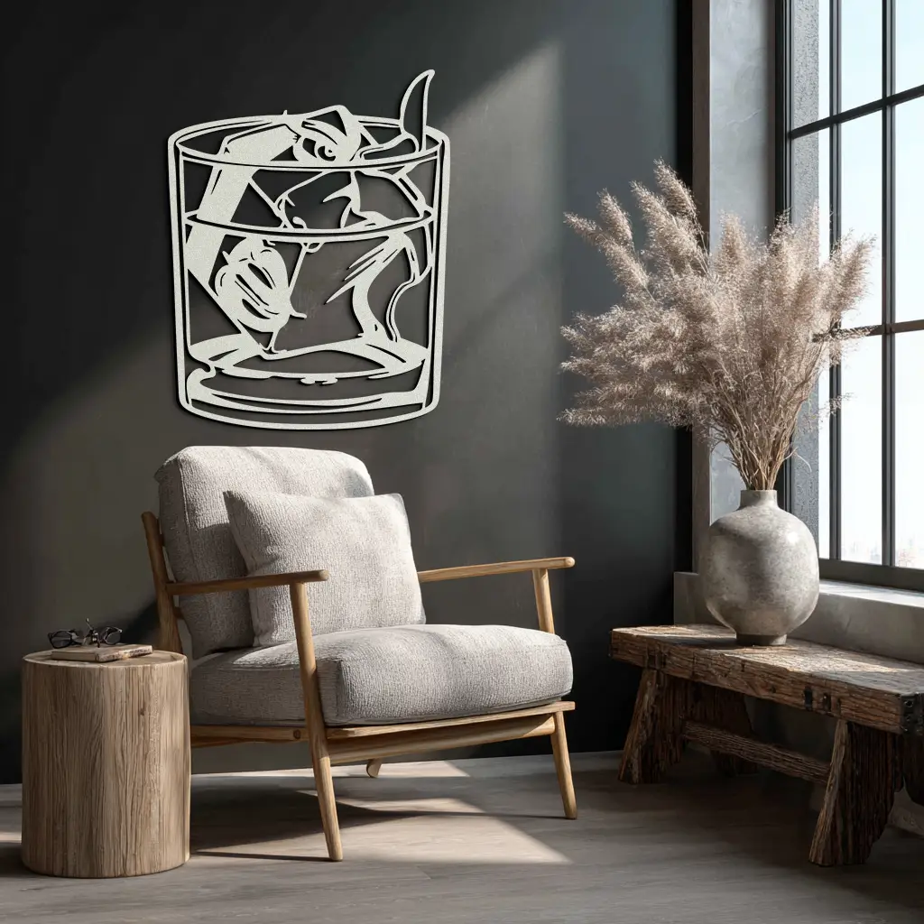 Woman in Whiskey Glass Metal Wall Art – Ice Cube Design Bar Decor for Modern Interiors- KAF578 by Enova Art