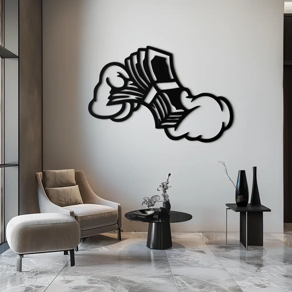 Fist Holding Money Stack Metal Wall Art – Bold Dollar Bill Hand Silhouette for Modern Spaces- KAF579 by Enova Art