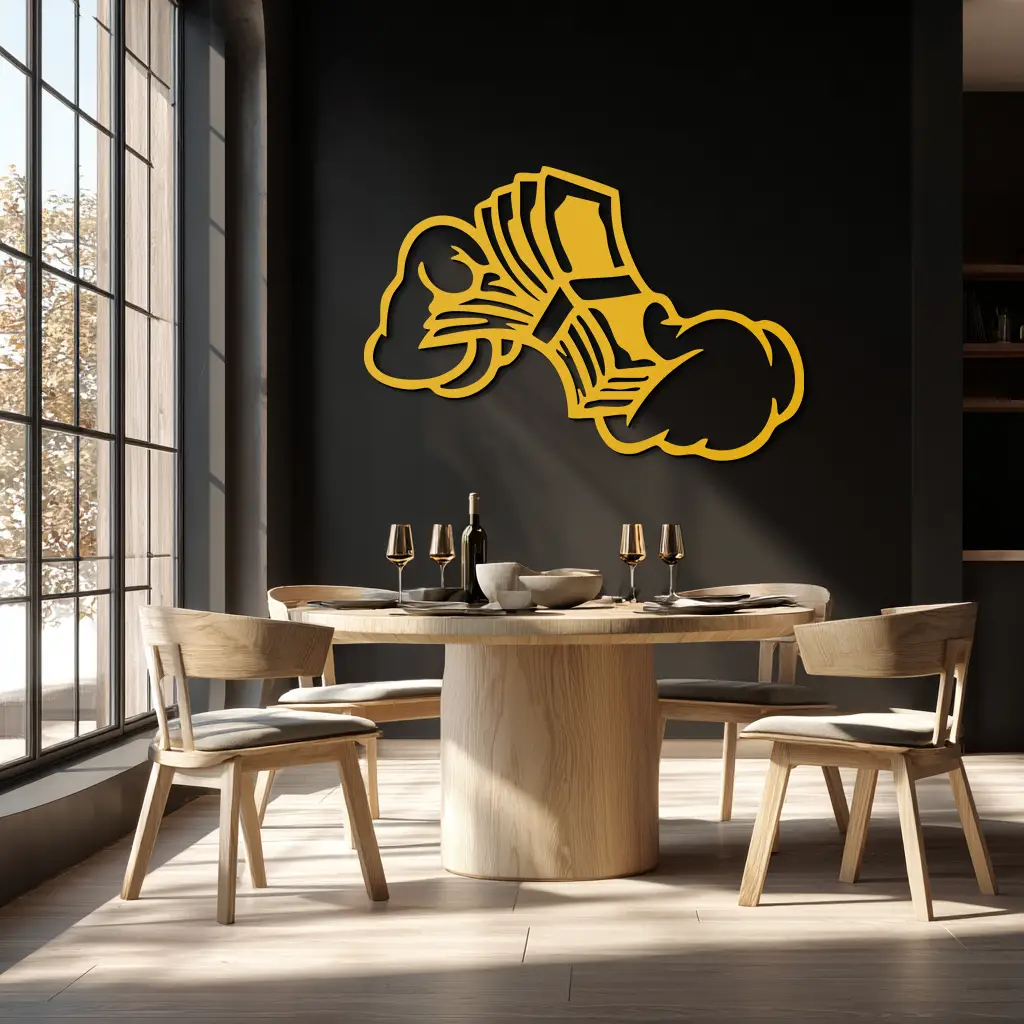 Fist Holding Money Stack Metal Wall Art – Bold Dollar Bill Hand Silhouette for Modern Spaces- KAF579 by Enova Art