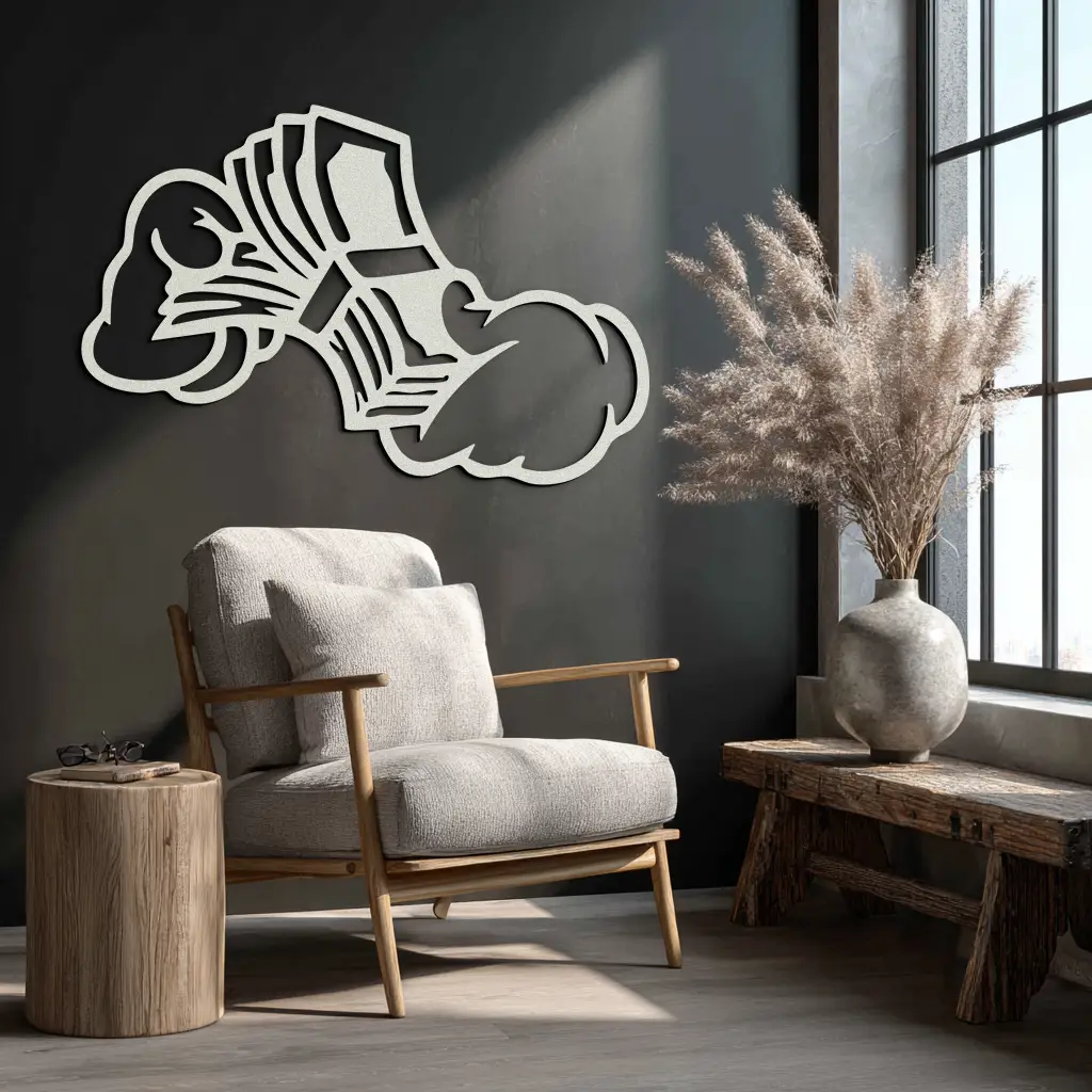 Fist Holding Money Stack Metal Wall Art – Bold Dollar Bill Hand Silhouette for Modern Spaces- KAF579 by Enova Art