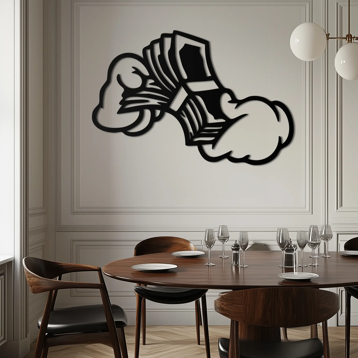 Fist Holding Money Stack Metal Wall Art – Bold Dollar Bill Hand Silhouette for Modern Spaces- KAF579 by Enova Art