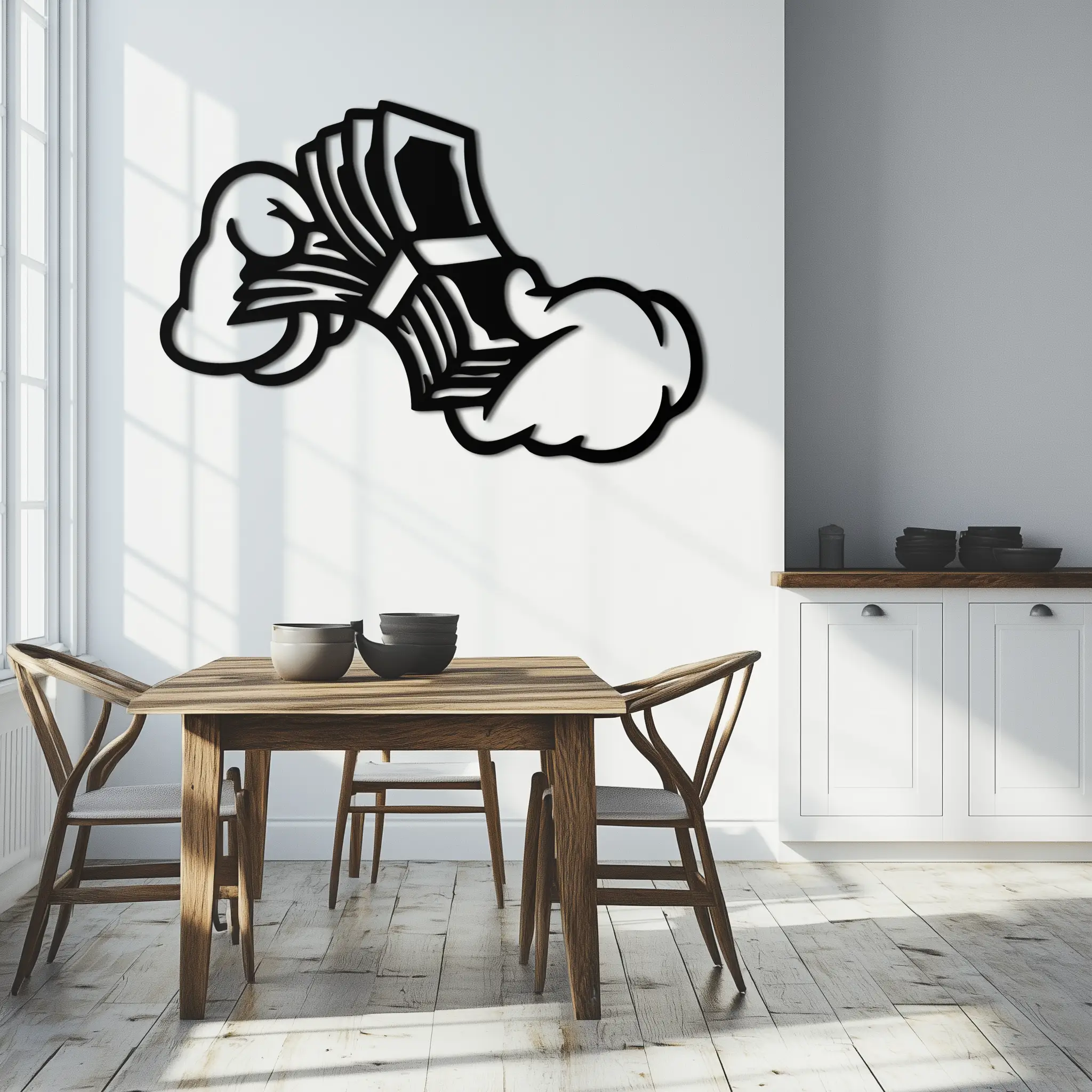 Fist Holding Money Stack Metal Wall Art – Bold Dollar Bill Hand Silhouette for Modern Spaces- KAF579 by Enova Art