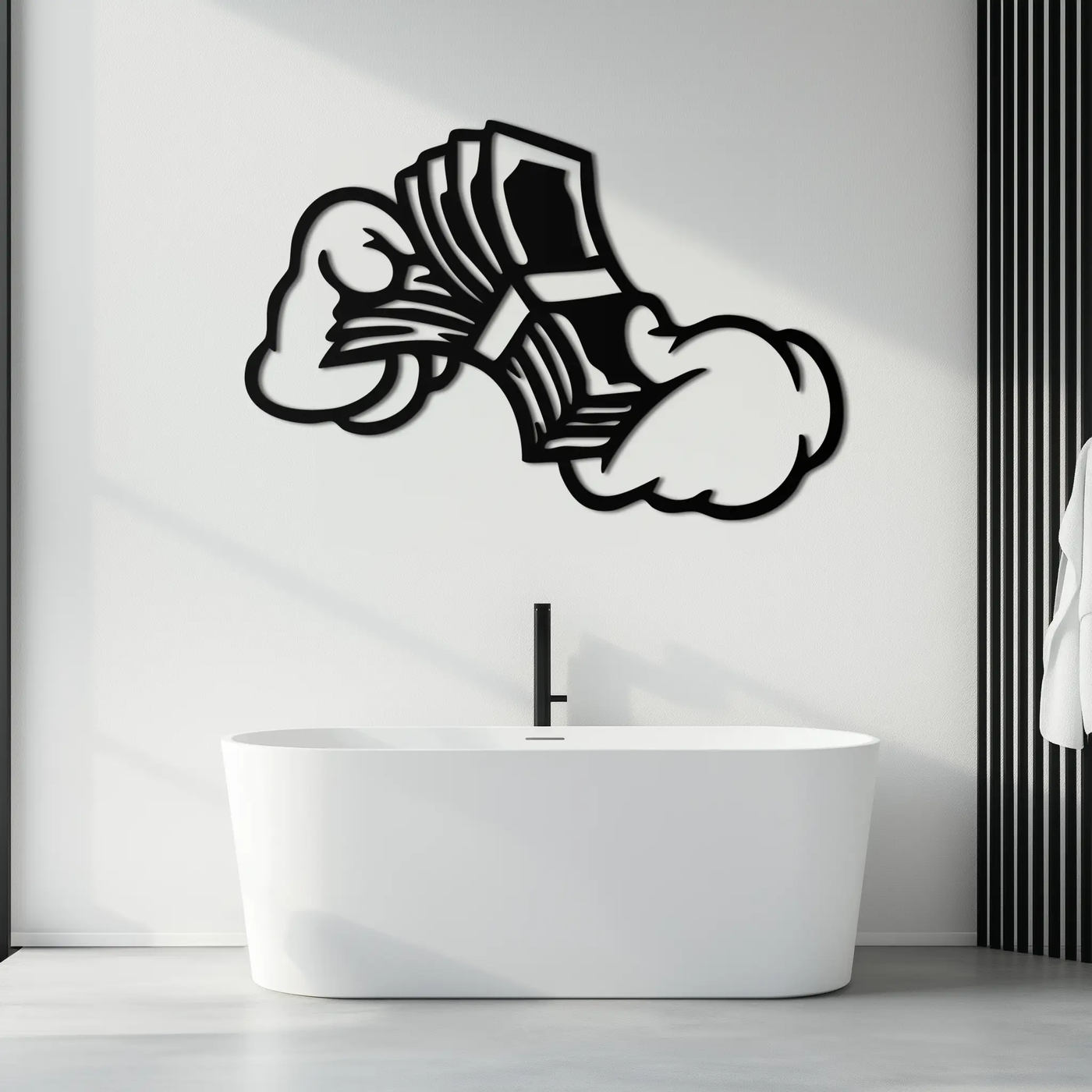 Fist Holding Money Stack Metal Wall Art – Bold Dollar Bill Hand Silhouette for Modern Spaces- KAF579 by Enova Art