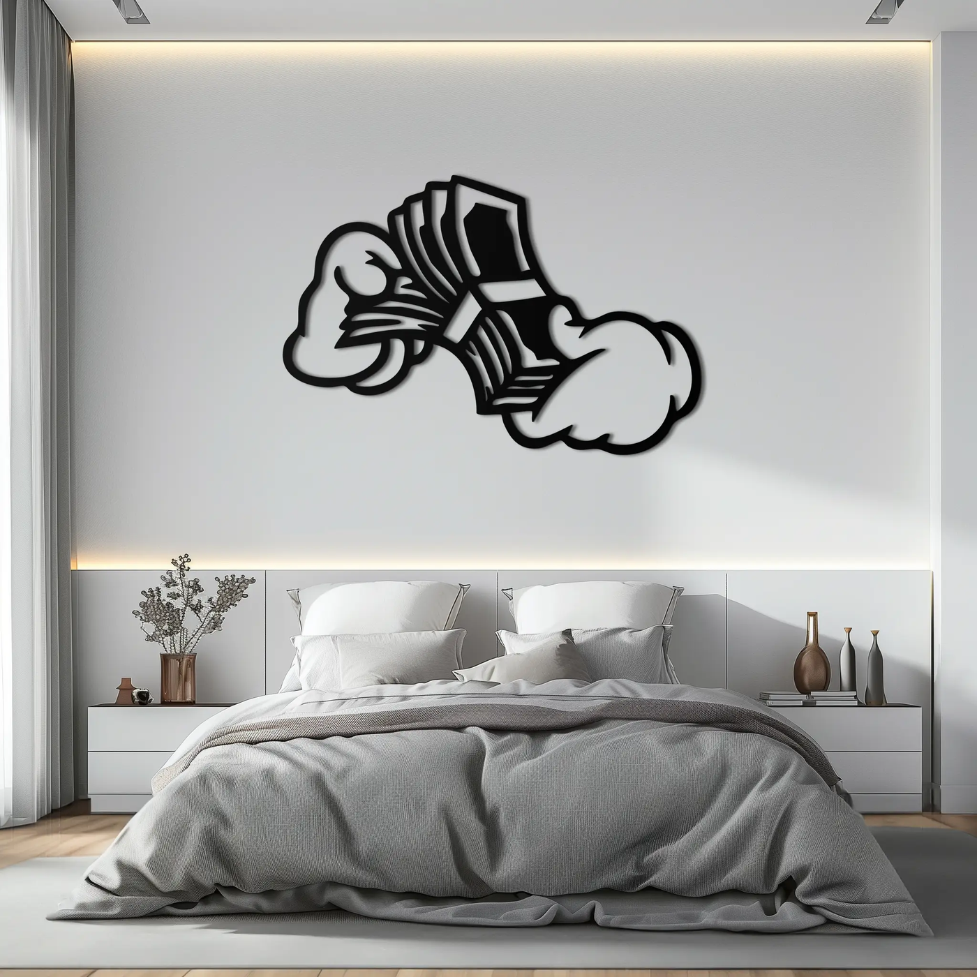 Fist Holding Money Stack Metal Wall Art – Bold Dollar Bill Hand Silhouette for Modern Spaces- KAF579 by Enova Art