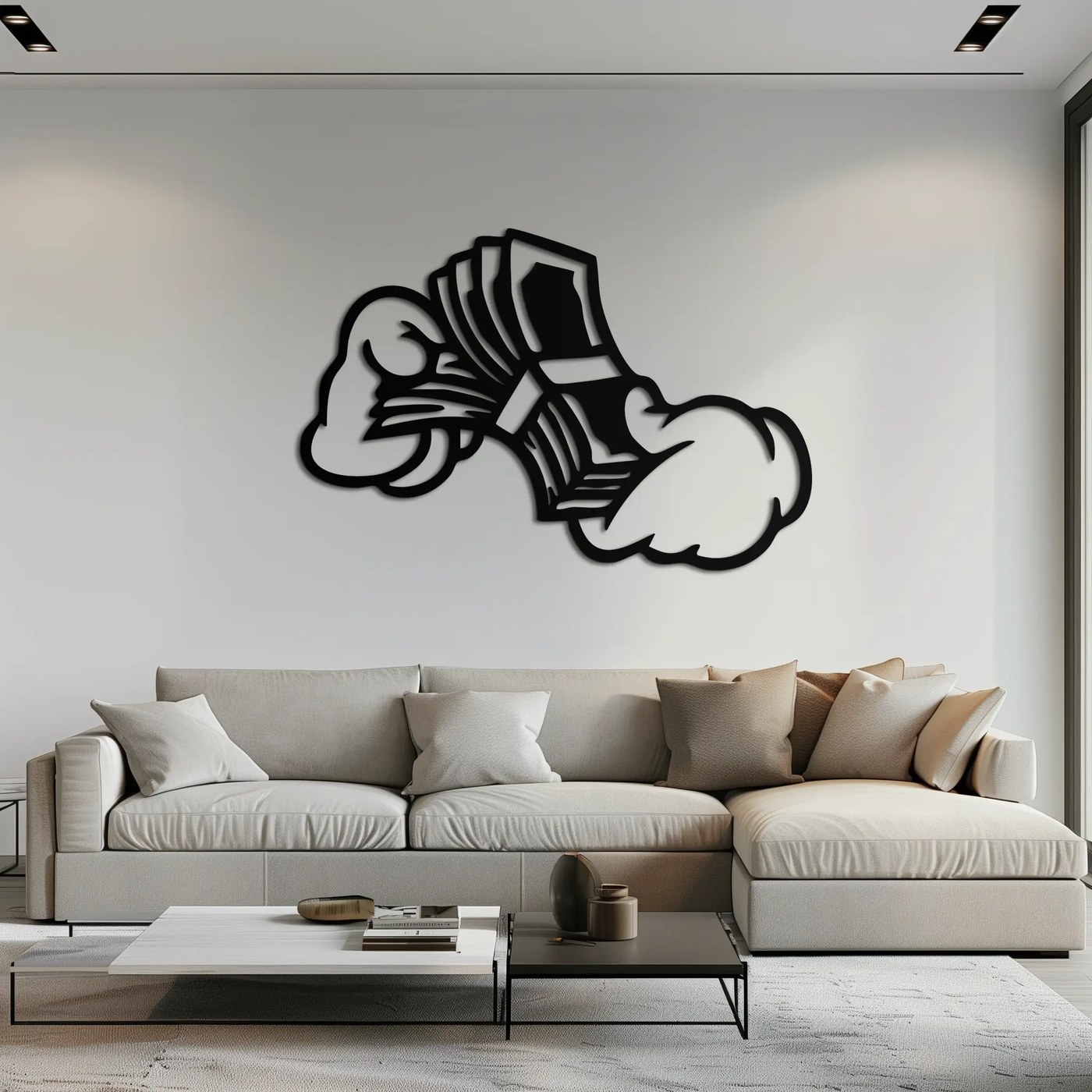 Fist Holding Money Stack Metal Wall Art – Bold Dollar Bill Hand Silhouette for Modern Spaces- KAF579 by Enova Art