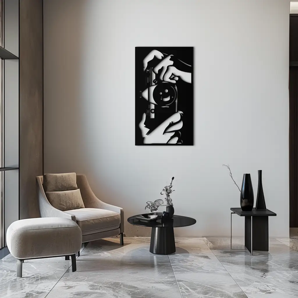 Retro Camera and Hands Silhouette Metal Wall Art – Vintage Photographer Decor- KAF580