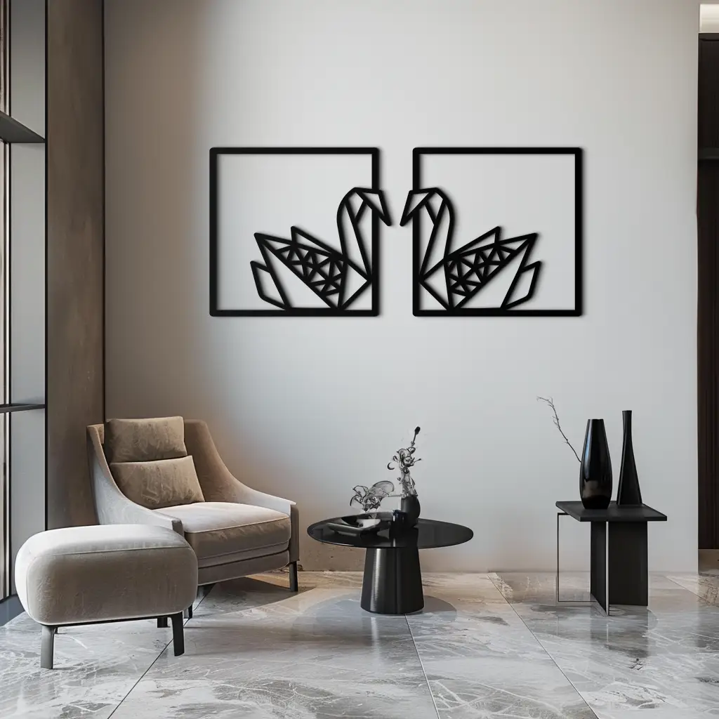 Origami Swan Couple Metal Wall Art – Geometric Mirrored Swan Design for Modern Interiors- KAF581 by Enova Art