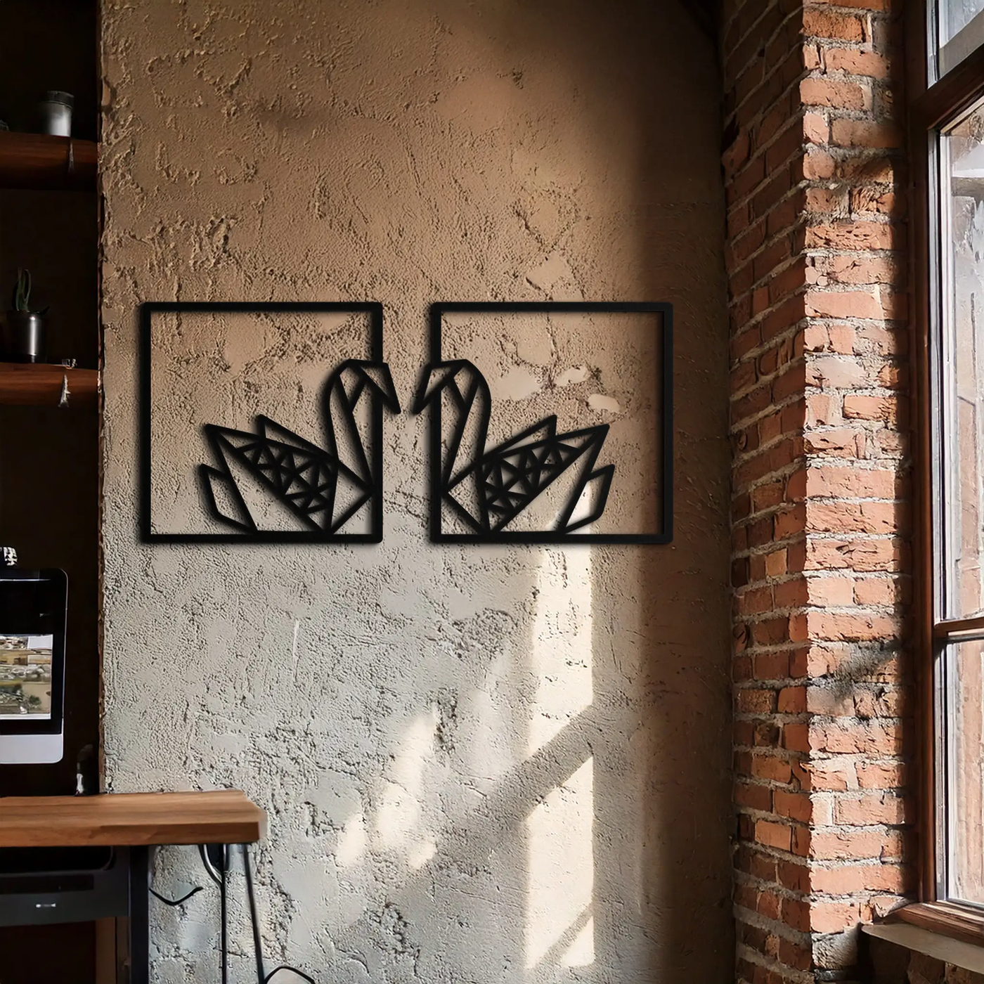 Origami Swan Couple Metal Wall Art – Geometric Mirrored Swan Design for Modern Interiors- KAF581 by Enova Art