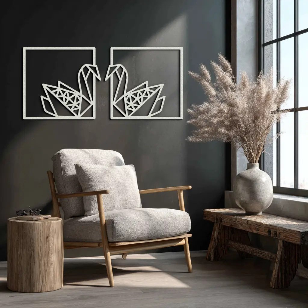 Origami Swan Couple Metal Wall Art – Geometric Mirrored Swan Design for Modern Interiors- KAF581 by Enova Art