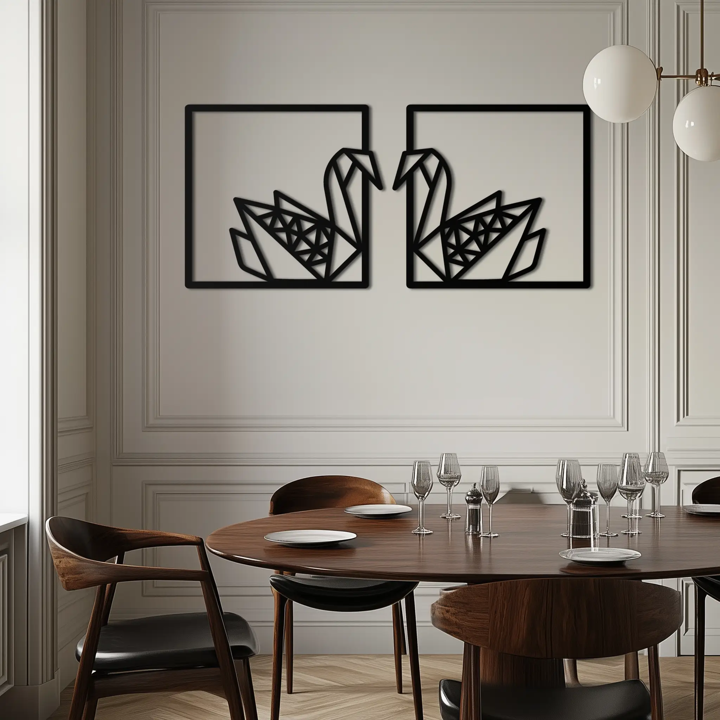 Origami Swan Couple Metal Wall Art – Geometric Mirrored Swan Design for Modern Interiors- KAF581 by Enova Art