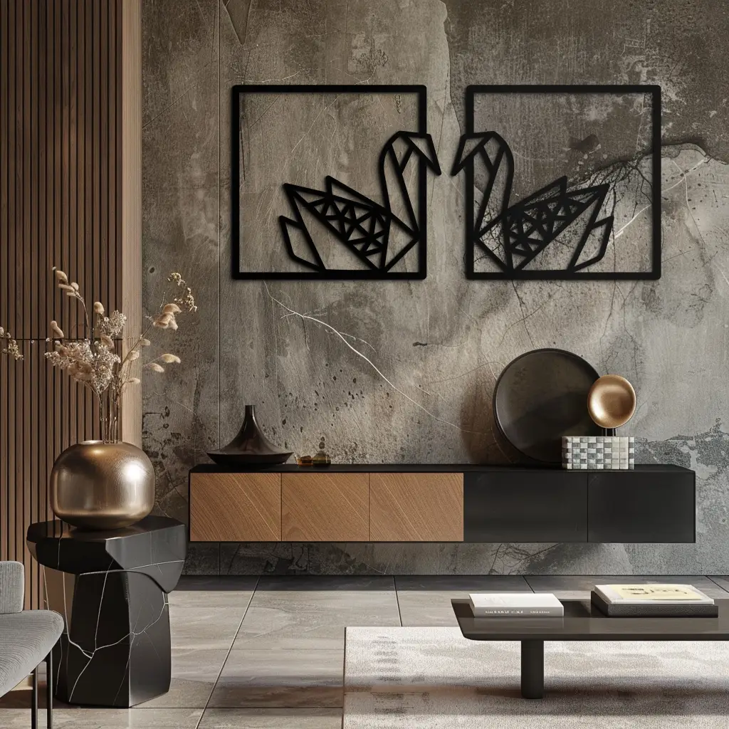 Origami Swan Couple Metal Wall Art – Geometric Mirrored Swan Design for Modern Interiors- KAF581 by Enova Art