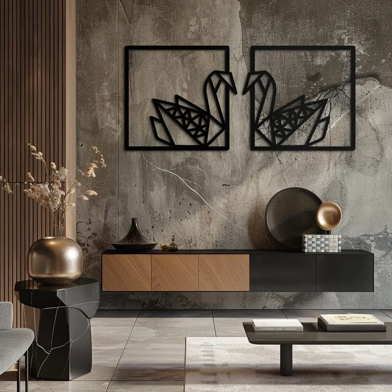 Origami Swan Couple Metal Wall Art – Geometric Mirrored Swan Design for Modern Interiors- KAF581 by Enova Art