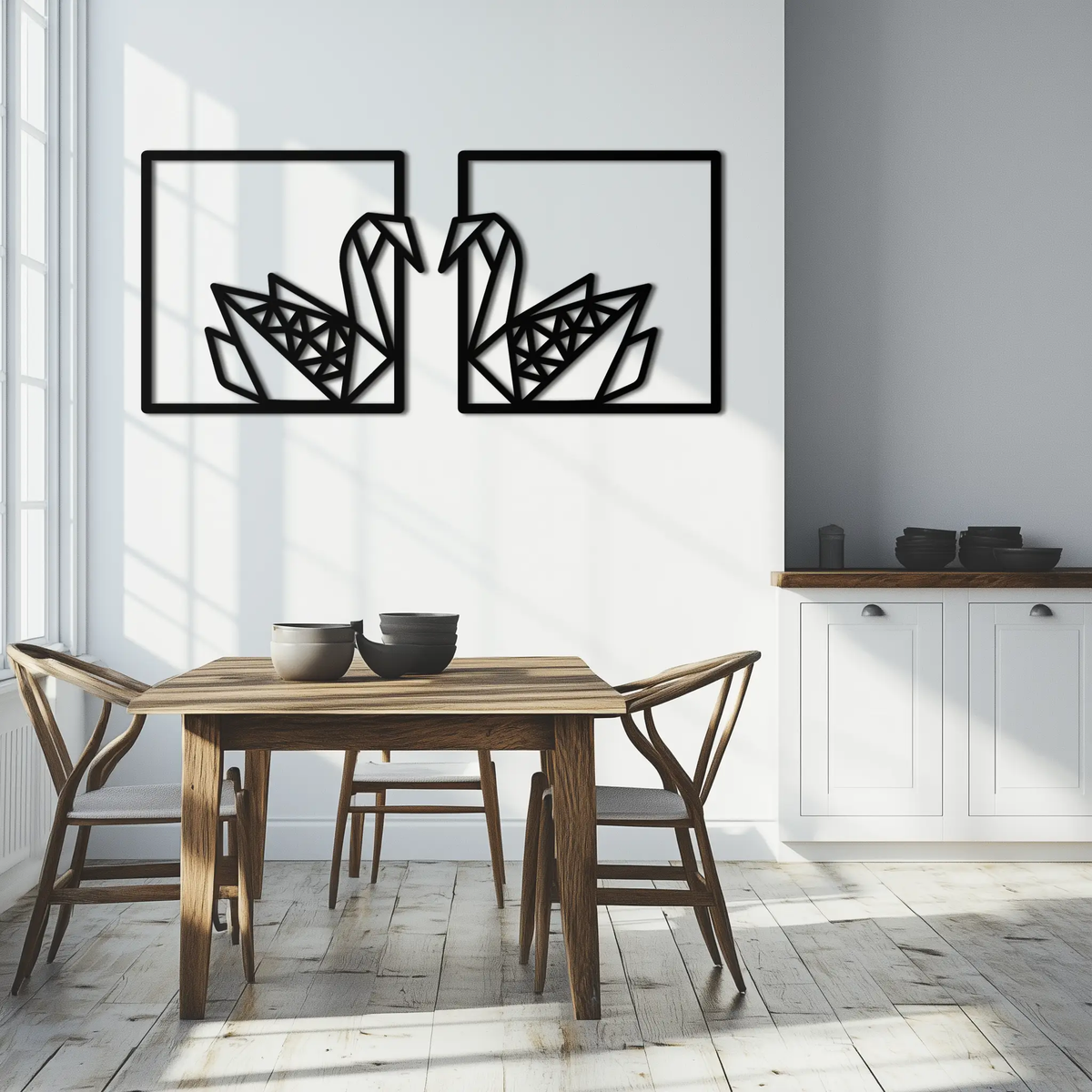 Origami Swan Couple Metal Wall Art – Geometric Mirrored Swan Design for Modern Interiors- KAF581 by Enova Art