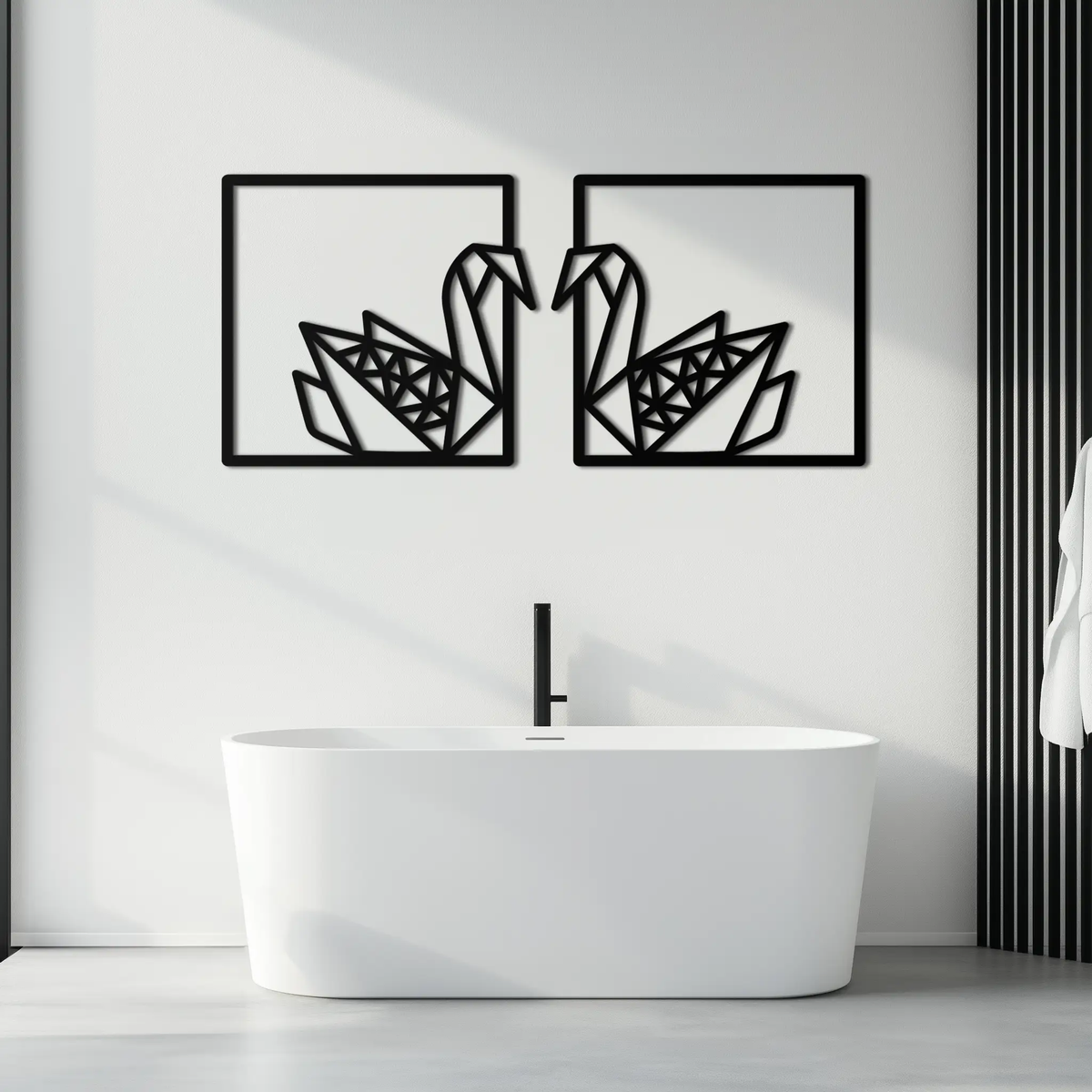 Origami Swan Couple Metal Wall Art – Geometric Mirrored Swan Design for Modern Interiors- KAF581 by Enova Art