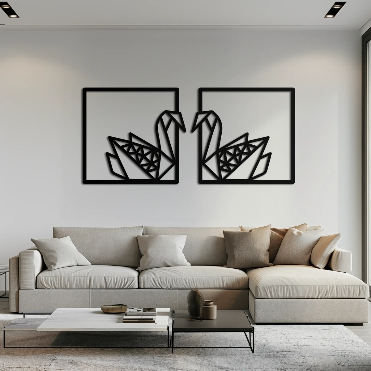 Origami Swan Couple Metal Wall Art – Geometric Mirrored Swan Design for Modern Interiors- KAF581 by Enova Art