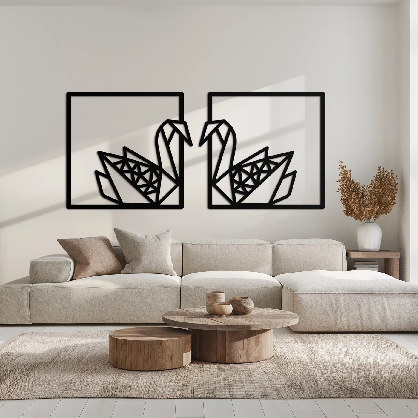 Origami Swan Couple Metal Wall Art – Geometric Mirrored Swan Design for Modern Interiors- KAF581 by Enova Art