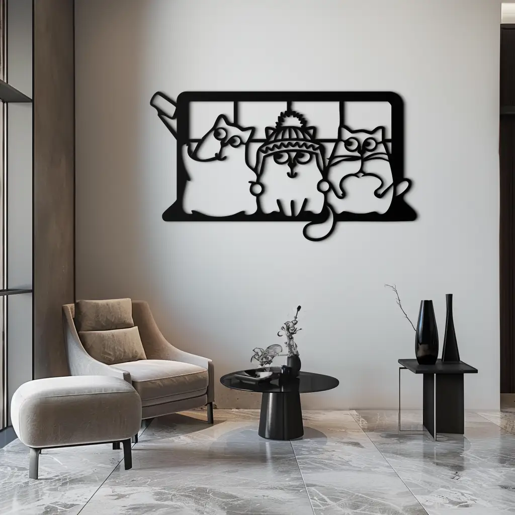 Cozy Window Cats Metal Wall Art – Cute Cartoon Trio Design for Pet Lovers- KAF582 by Enova Art