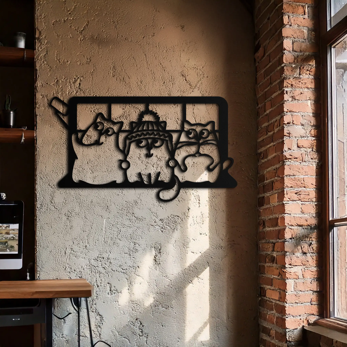 Cozy Window Cats Metal Wall Art – Cute Cartoon Trio Design for Pet Lovers- KAF582 by Enova Art