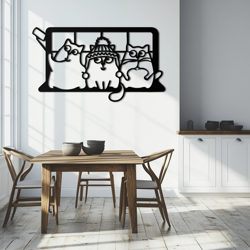 Cozy Window Cats Metal Wall Art – Cute Cartoon Trio Design for Pet Lovers- KAF582 by Enova Art
