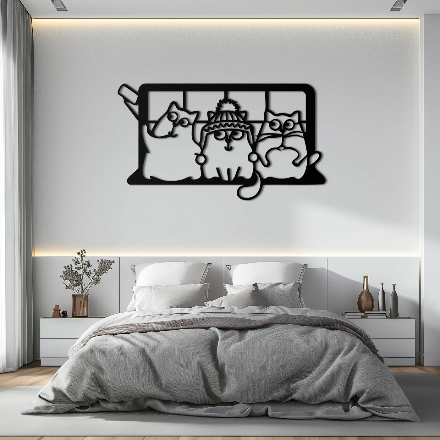 Cozy Window Cats Metal Wall Art – Cute Cartoon Trio Design for Pet Lovers- KAF582 by Enova Art