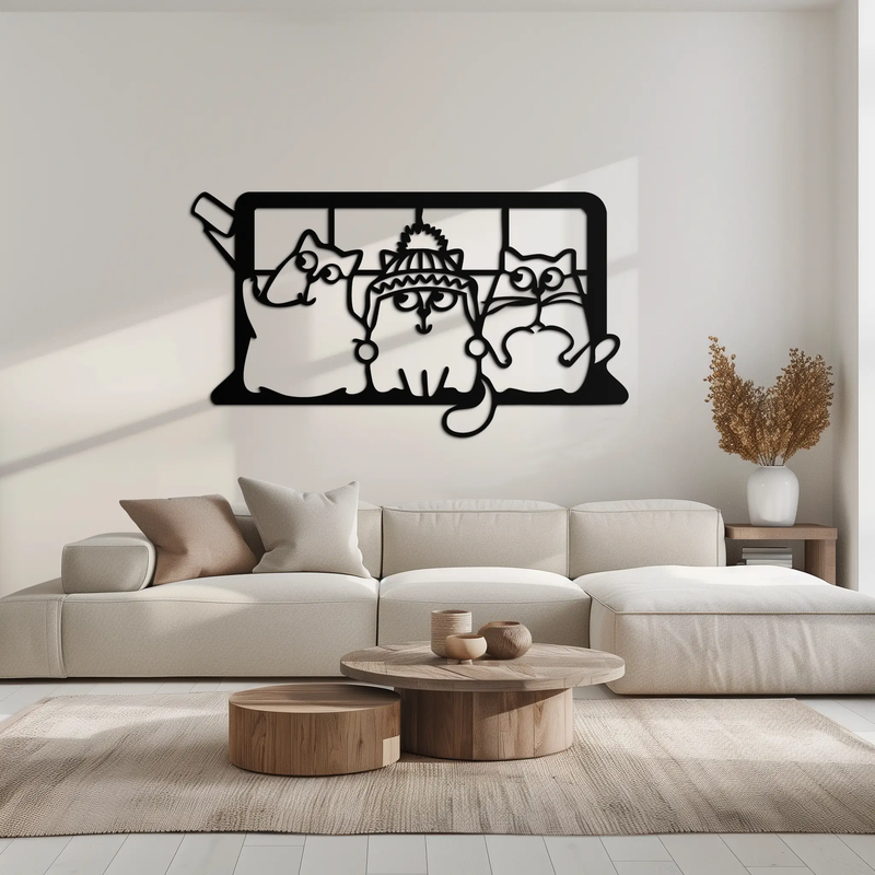 Cozy Window Cats Metal Wall Art – Cute Cartoon Trio Design for Pet Lovers- KAF582 by Enova Art