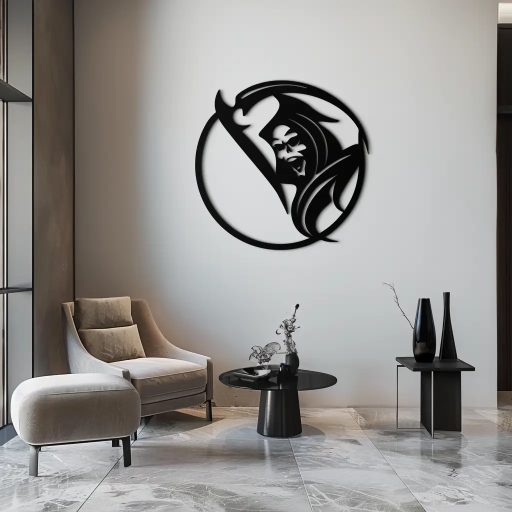 Grim Reaper Circle Metal Wall Art – Dark Gothic Scythe Decor for Horror Enthusiasts- KAF586 by Enova Art