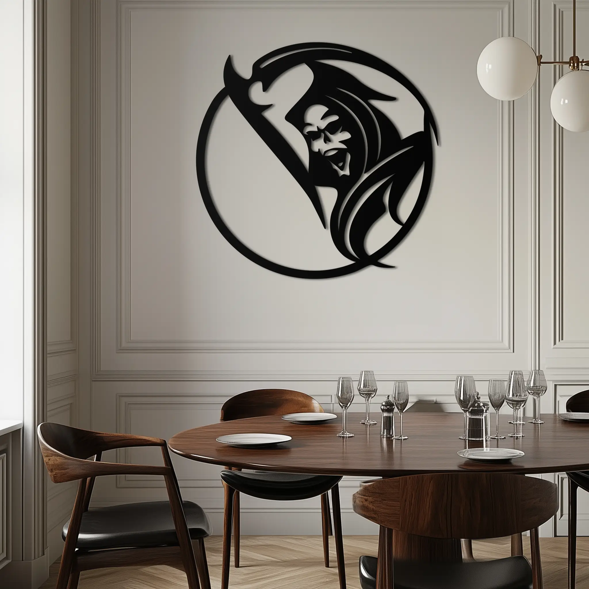 Grim Reaper Circle Metal Wall Art – Dark Gothic Scythe Decor for Horror Enthusiasts- KAF586 by Enova Art
