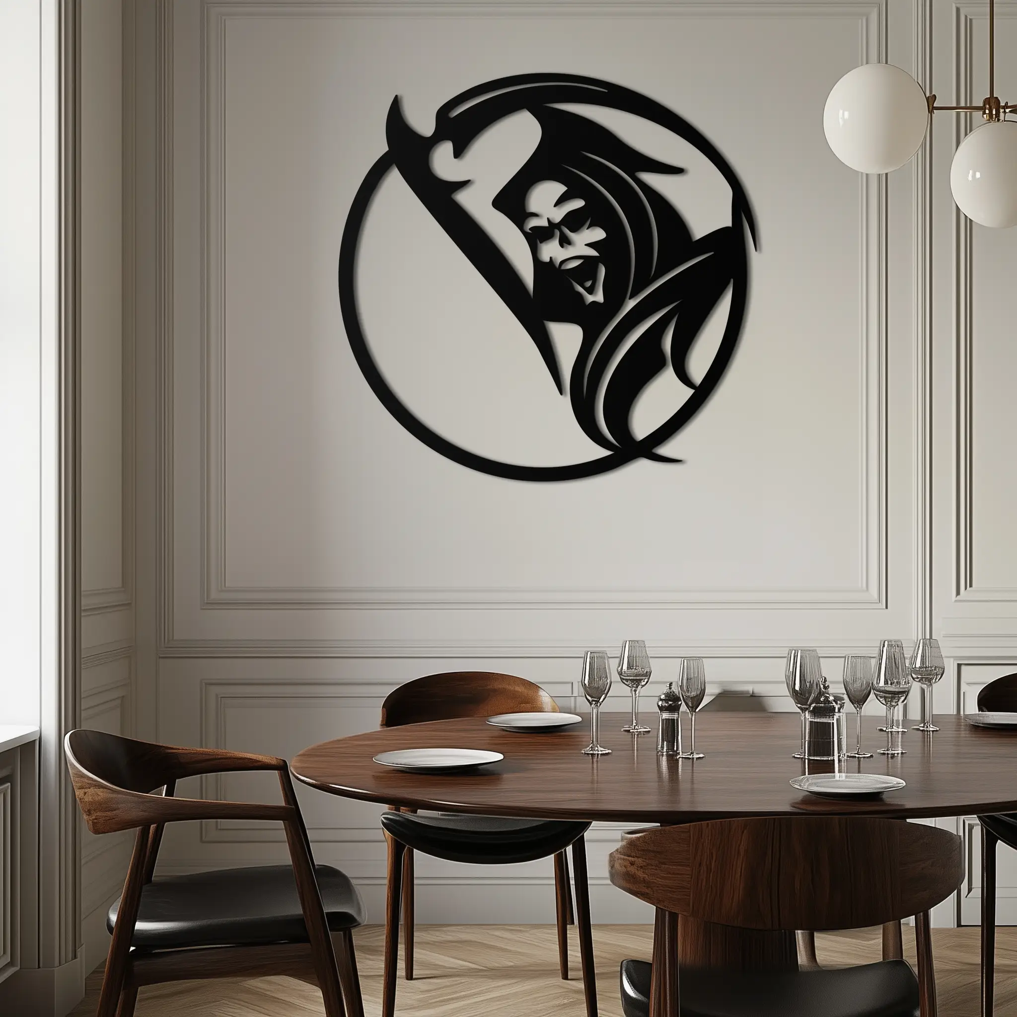 Grim Reaper Circle Metal Wall Art – Dark Gothic Scythe Decor for Horror Enthusiasts- KAF586 by Enova Art