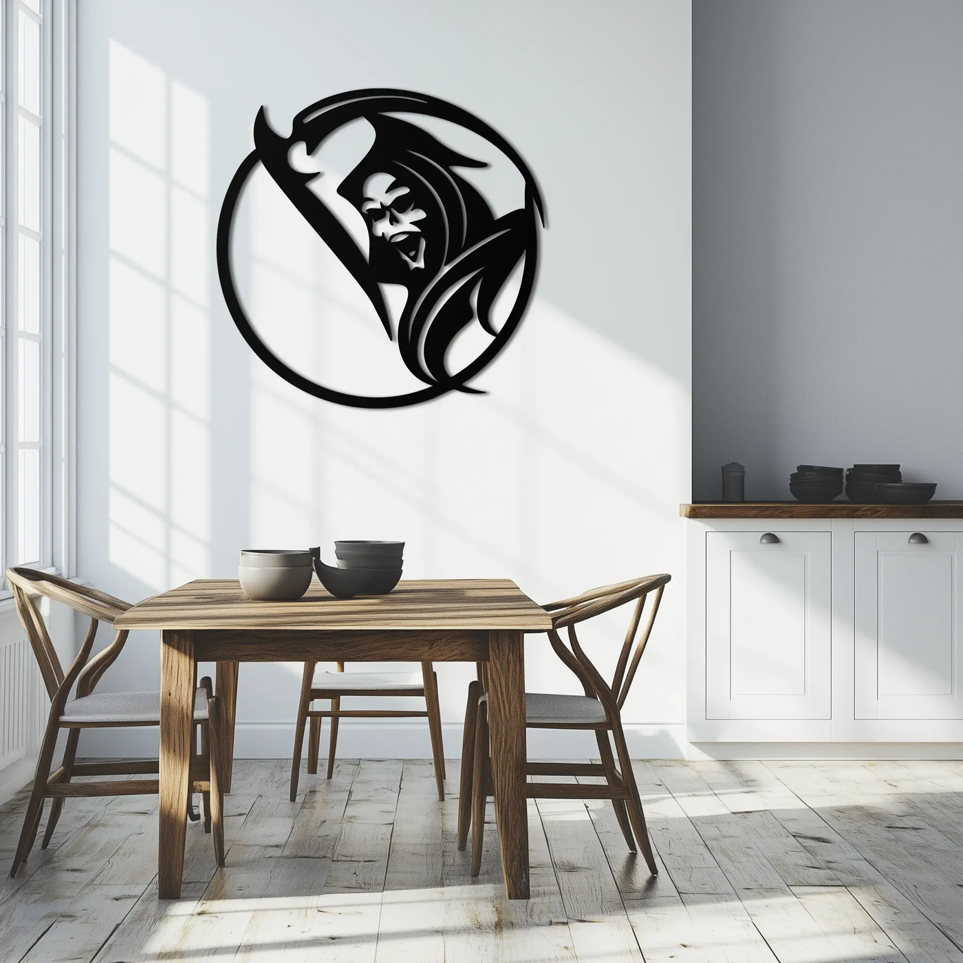 Grim Reaper Circle Metal Wall Art – Dark Gothic Scythe Decor for Horror Enthusiasts- KAF586 by Enova Art