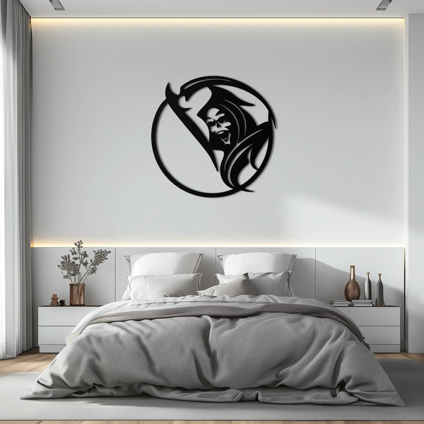 Grim Reaper Circle Metal Wall Art – Dark Gothic Scythe Decor for Horror Enthusiasts- KAF586