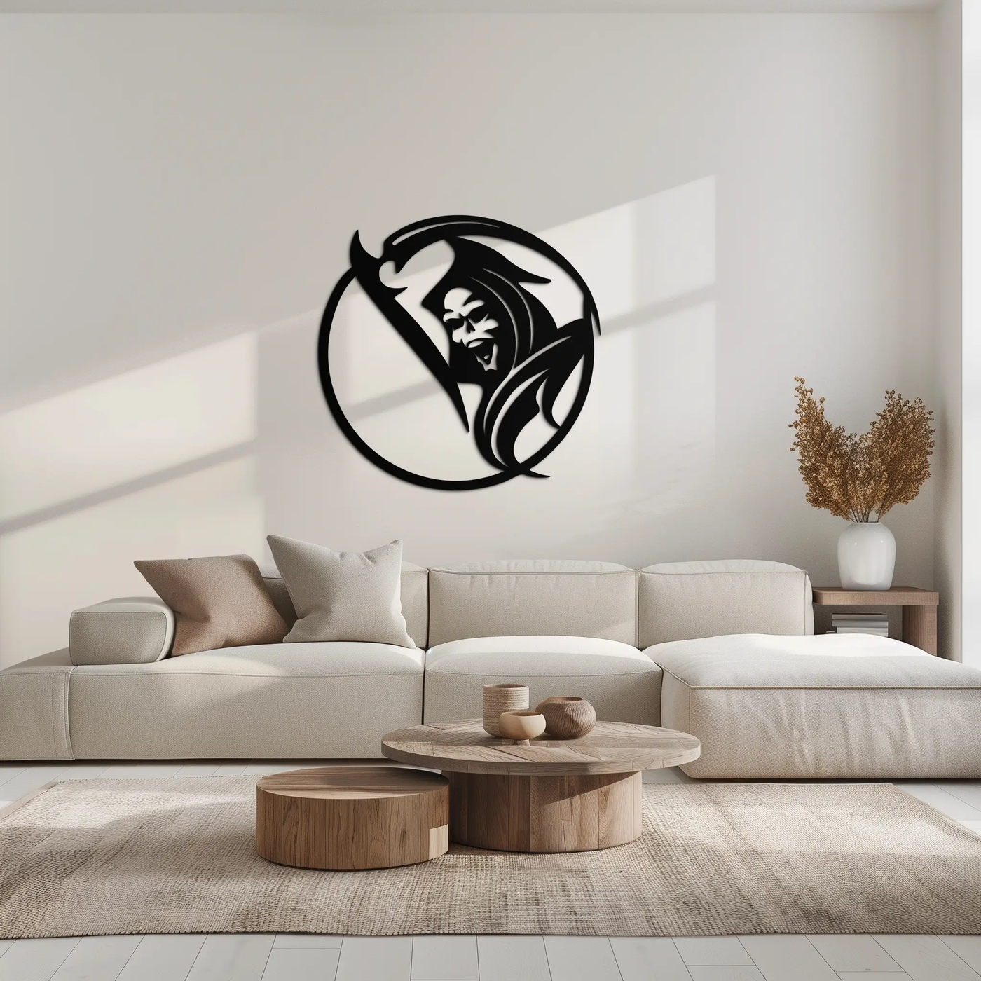 Grim Reaper Circle Metal Wall Art – Dark Gothic Scythe Decor for Horror Enthusiasts- KAF586 by Enova Art