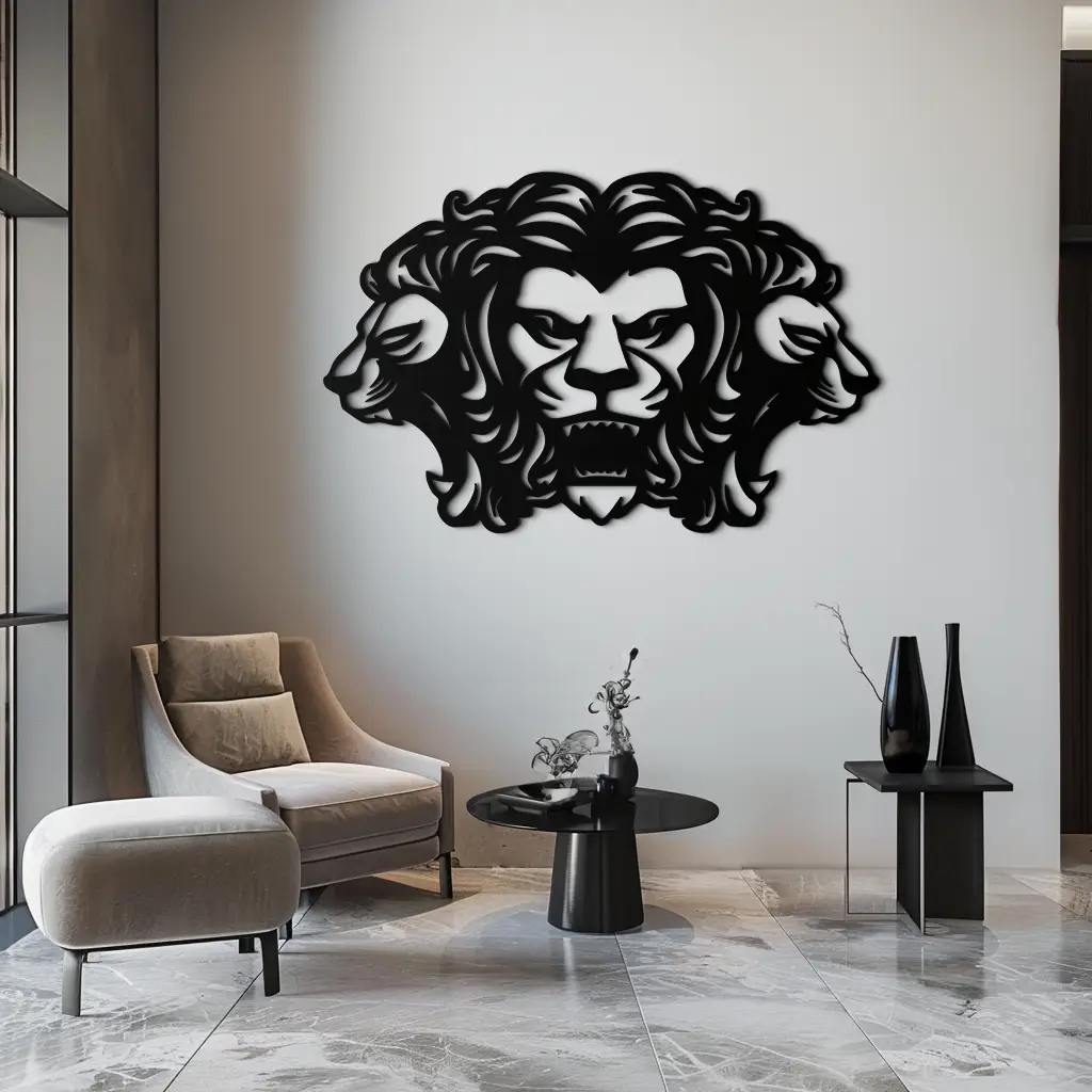Three-Headed Lion Metal Wall Art – Fierce Tribal Lion Head Wall Decor- KAF589 by Enova Art
