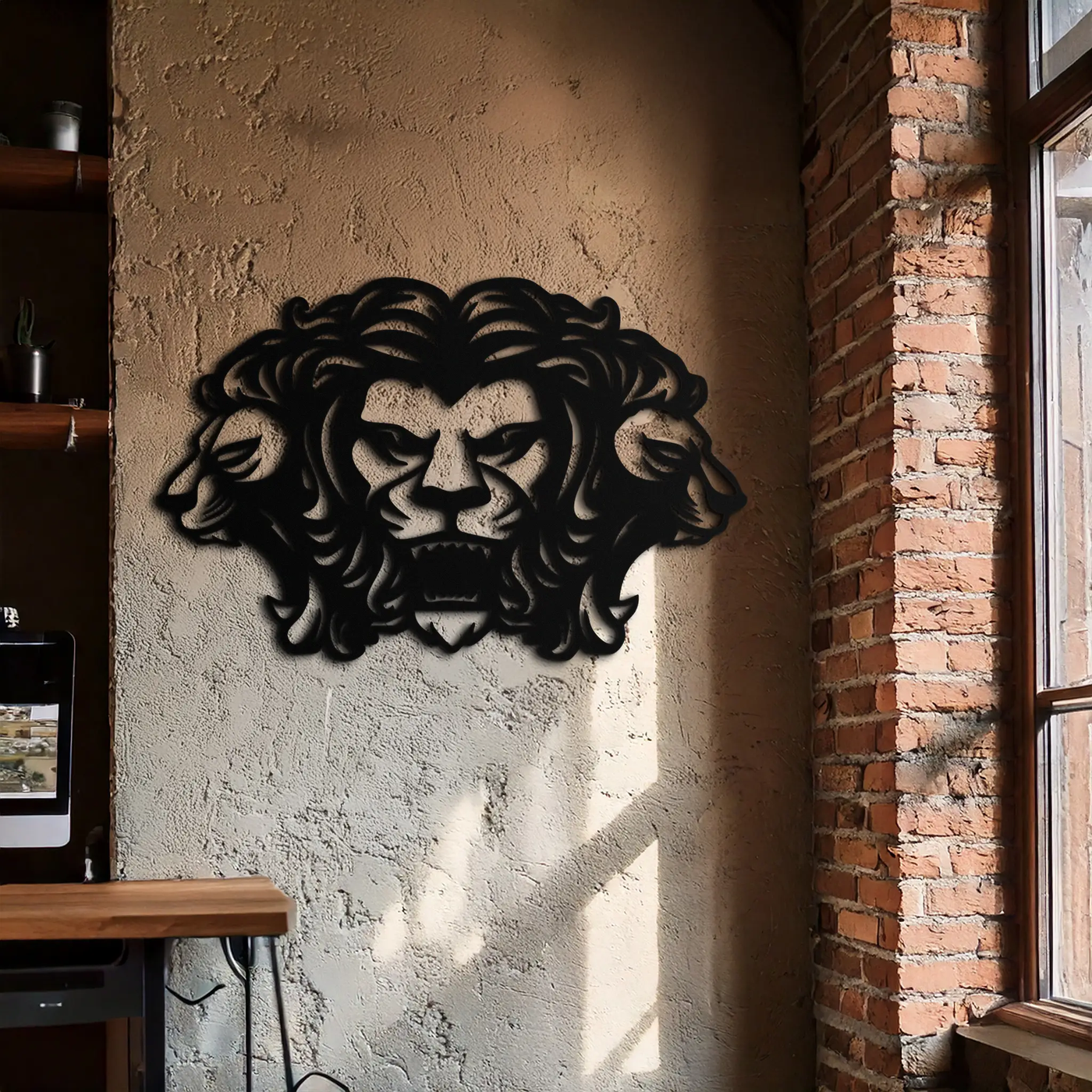 Three-Headed Lion Metal Wall Art – Fierce Tribal Lion Head Wall Decor- KAF589 by Enova Art