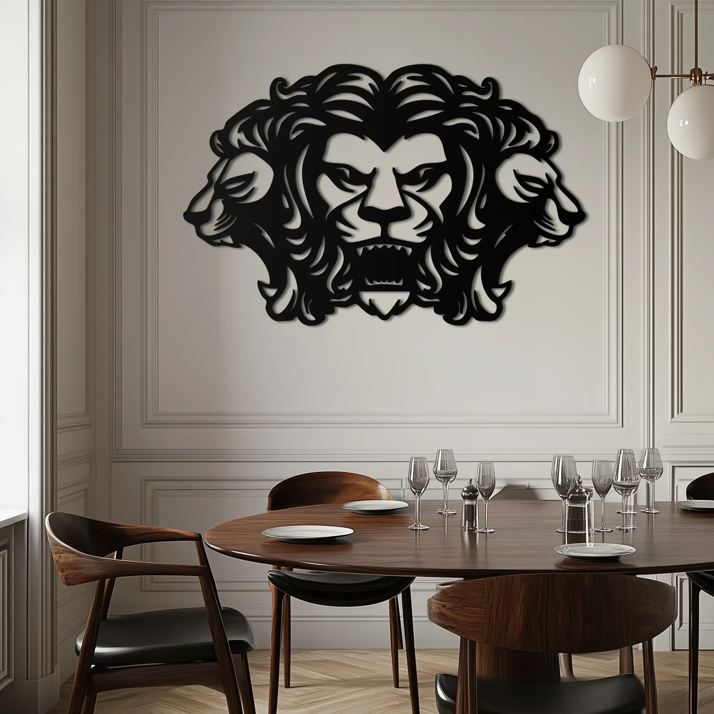 Three-Headed Lion Metal Wall Art – Fierce Tribal Lion Head Wall Decor- KAF589 by Enova Art