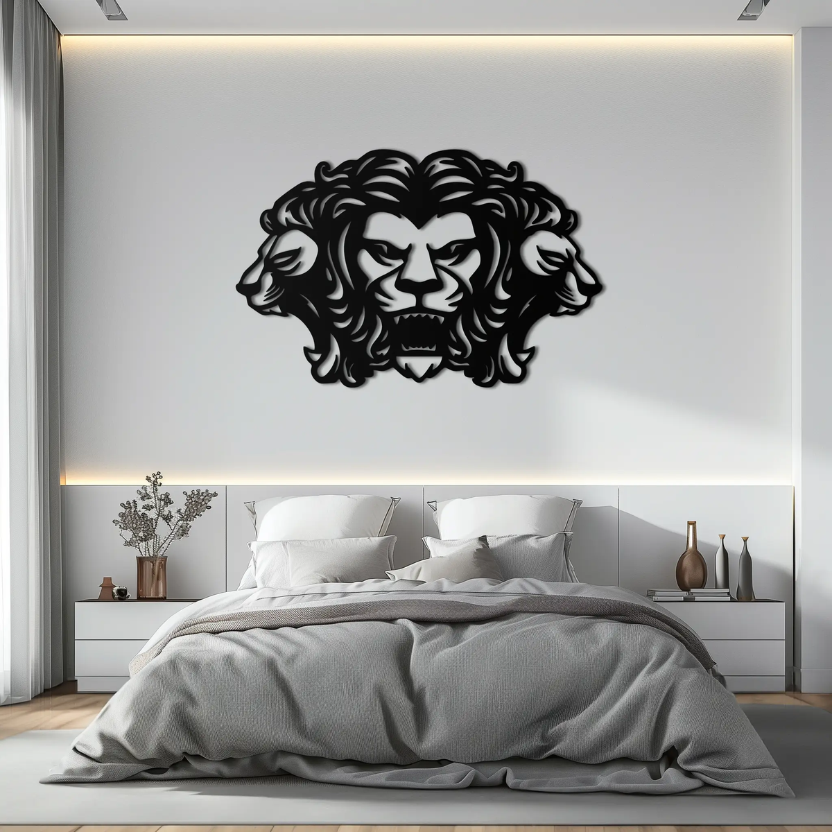 Three-Headed Lion Metal Wall Art – Fierce Tribal Lion Head Wall Decor- KAF589 by Enova Art