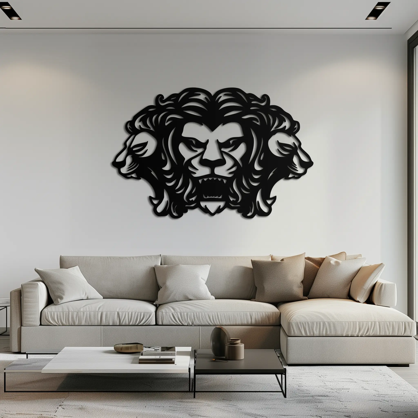 Three-Headed Lion Metal Wall Art – Fierce Tribal Lion Head Wall Decor- KAF589 by Enova Art
