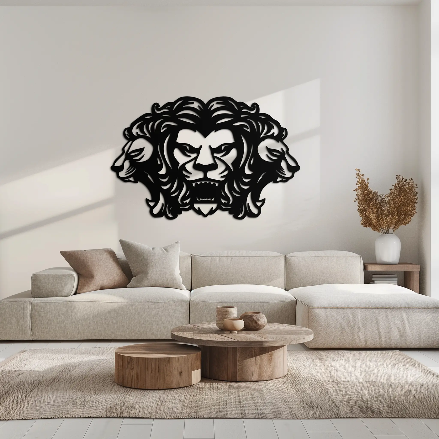 Three-Headed Lion Metal Wall Art – Fierce Tribal Lion Head Wall Decor- KAF589 by Enova Art