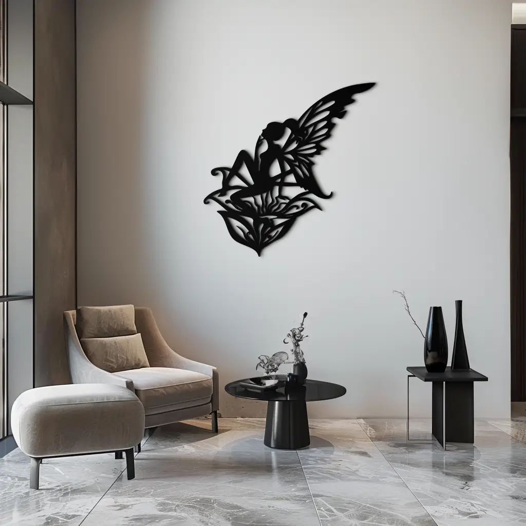 Flower Fairy Silhouette Metal Wall Art – Whimsical Fantasy Decor for Girls' Rooms- KAF590 by Enova Art