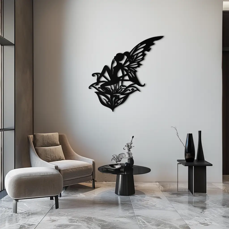 Flower Fairy Silhouette Metal Wall Art – Whimsical Fantasy Decor for Girls' Rooms- KAF590 by Enova Art