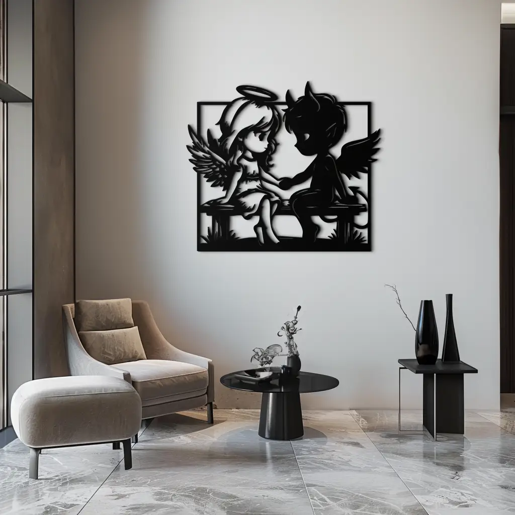 Angel and Devil Holding Hands Metal Wall Art – Whimsical Love Contrast Silhouette- KAF591 by Enova Art