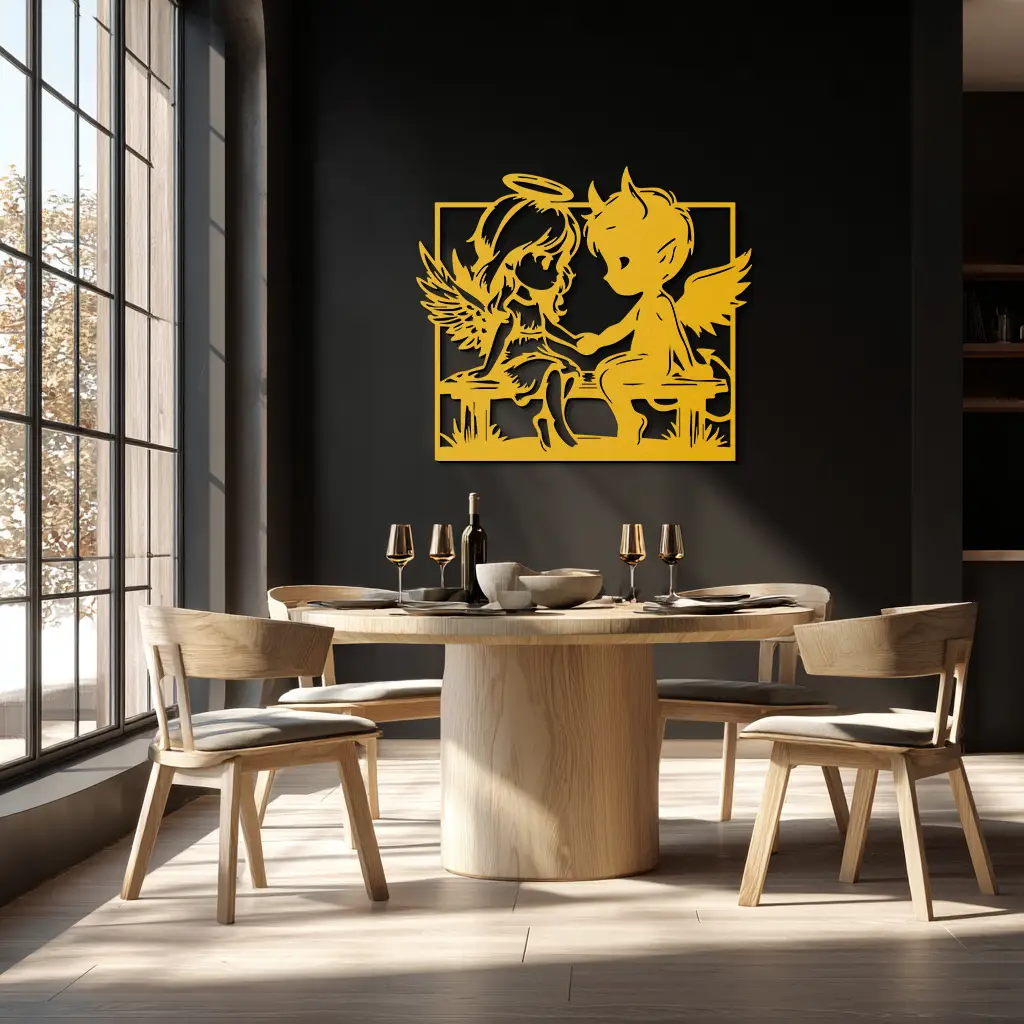 Angel and Devil Holding Hands Metal Wall Art – Whimsical Love Contrast Silhouette- KAF591 by Enova Art