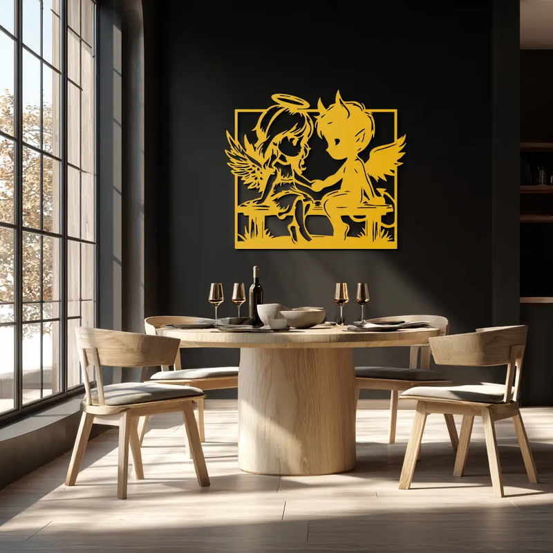 Angel and Devil Holding Hands Metal Wall Art – Whimsical Love Contrast Silhouette- KAF591 by Enova Art